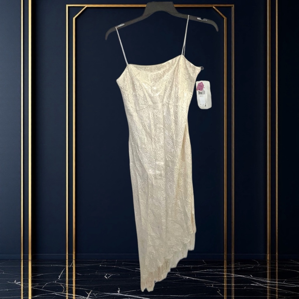 Arianna/Rachel Kaye New Tags Metallic Gold Netted Lined Sleeveless Dress Women 8 - Picture 5 of 9